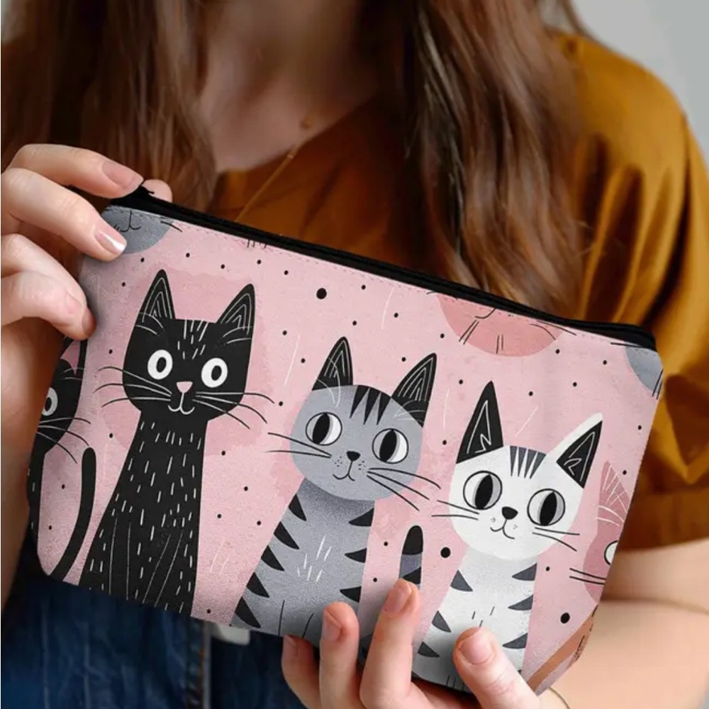 Cat-Themed Pink and Black Pouch